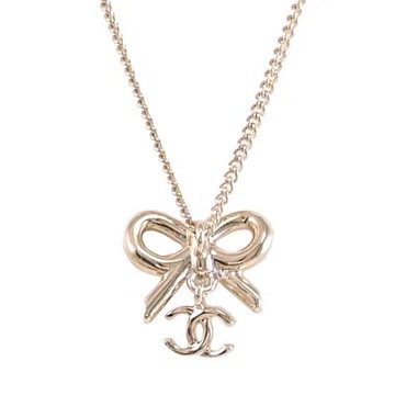 CHANEL 雙C LOGO蝴蝶結造型鎖骨鍊/項鍊(淡金)