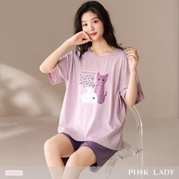 【PINK LADY】莫代爾短袖睡衣 白兔與貓 印花寬版 兩件式成套睡衣 居家服(女睡衣//春夏睡衣/上衣短褲) 26053