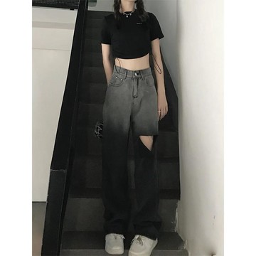 已售9642件💖赤道少女 牛仔褲 破洞牛仔褲 直筒牛仔褲 闊腿牛仔褲 顯瘦牛仔褲 oversize 寬鬆垂感 褲子女