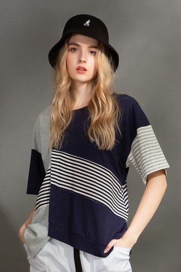 MW 不對稱條紋撞色落肩上衣