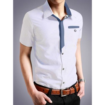 假領帶白襯衫衣男短袖韓版大碼耐臟領抗皺襯衣刺繡薄款拼接稱衣服