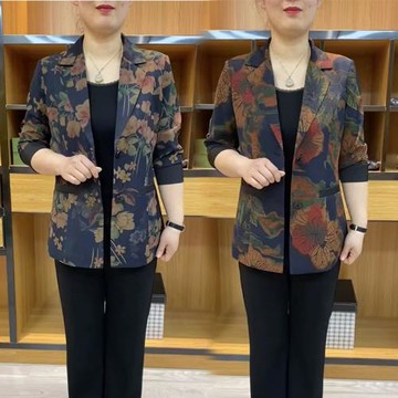 春秋新款中老年女裝醋酸絲緞花色小西服外套媽媽裝氣質顯瘦小西裝