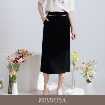 現貨【MEDUSA 曼度莎】簡約黑白抽繩鬆緊休閒長裙（M-XL）｜女長裙 西裝長裙 休閒長裙