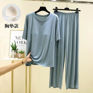 2024夏季新款莫代爾家居服女帶胸墊短袖長褲睡衣套裝可外穿兩件套