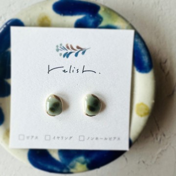 やちむん 風 金繼 陶器 耳環 耳夾 無耳洞耳夾 燒製物 棕色 焦糖棕 綠色 金色 小巧 精緻 簡約 陶瓷