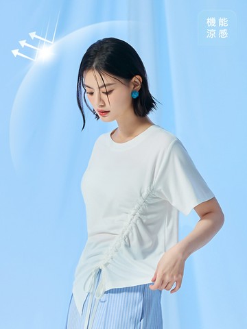 涼感．抽繩造型冰絲防曬圓領短袖上衣