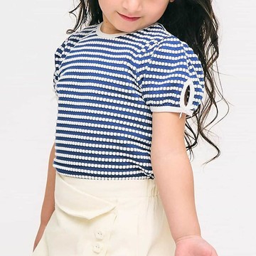 日本 apres les cours - 後備鏤空蝴蝶結短袖上衣-條紋-藍x白