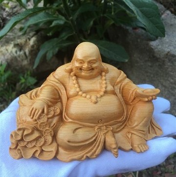 崖柏木雕布袋彌勒佛汽車擺件精雕佛像紅木擺件工藝品招財進寶擺件1入