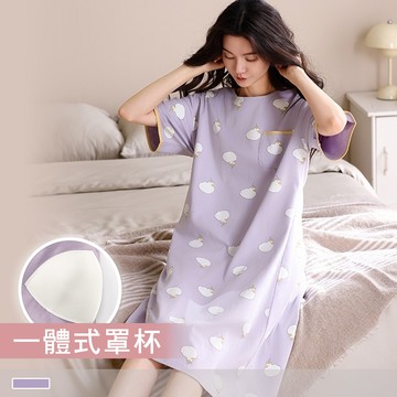 純棉連身睡裙【罩杯式】雛菊小鴨 印花圓領外穿短袖睡衣 居家服 55113