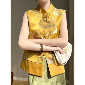 新中式國風盤扣緞面刺繡馬甲女2025新款背心立領無袖提花上衣坎肩