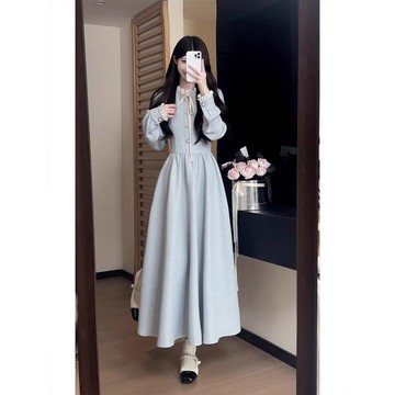 【連身裙】限時免運 秋冬新款蕾絲小立領千金miu系長袖連衣裙女 收腰顯瘦精緻感長裙子 甜美氣質休閒長袖連身裙 長款洋裝