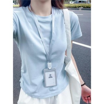 小個子正肩圓領百搭短款上衣女夏季捏褶收腰短袖基礎純色顯瘦T恤