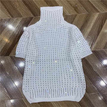 歐洲站2021冬新款女裝重工燙鉆高領短袖彈力氣質亮晶晶針織衫毛衣
