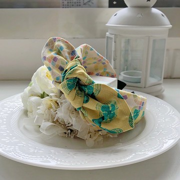 台灣文青-拼布棉麻布綁結蝴蝶結髮箍頭箍髮飾-花磚與電風扇