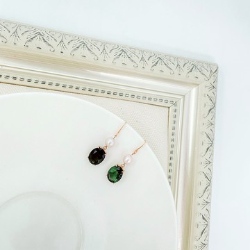 午茶系列  碧璽 日本珍珠 玫瑰18K金 垂墜耳環 輕珠寶飾品