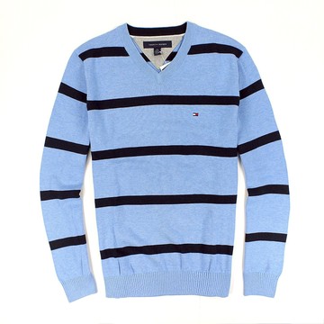 美國百分百【全新真品】Tommy Hilfiger 針織衫 TH 線衫 棉質毛衣 淺藍 條紋 V領 純棉 免運 男 S號 B615