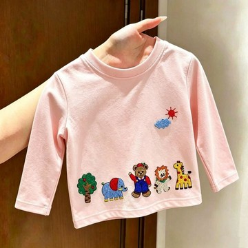 兒童長袖上衣 女童上衣 男童上衣 保暖上衣100%棉兒童長袖春秋季仿刺繡印花可愛動物男女童純棉百搭透氣上衣童裝