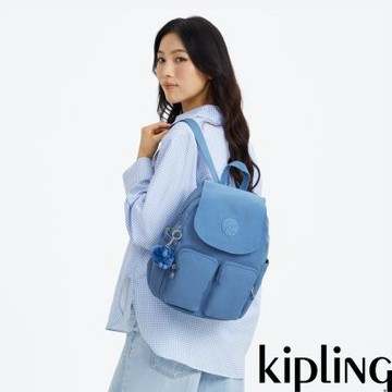 『猴子包』Kipling 復古藍掀蓋多袋收納後背包-CITY POCKET S