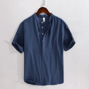 RC210-新款男裝棉麻皺布麻短袖襯衫