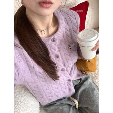 溫柔風紫色麻花軟糯毛衣外套女秋冬外穿法式甜美圓領羊毛針織開衫