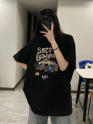 美式女生上衣純棉夏ins潮牌字母印花慵懶風 短袖T卹女黑色寬鬆顯瘦學生上衣 男生短袖 oversize寬鬆 韓版短T