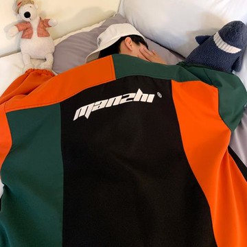 潮拼接撞色春秋寬松日系工裝夾克