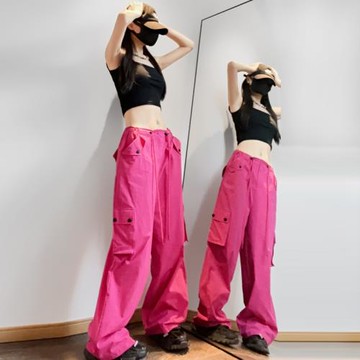 紅色工裝褲夏女小個子2025新款夏季速干顯瘦薄款高腰冰絲闊腿褲子