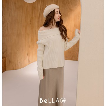 【初秋新品】BeLLA 露肩一字領針織上衣 白色