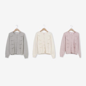 【CUMAR】麻花波紋蝴蝶結開釦針織外套 粉 杏 灰(魅力商品)