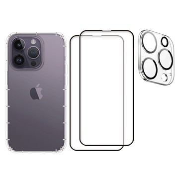 防摔透明手機軟殼 + 9H玻璃保貼 2片+ 3D全包鏡頭貼  iPhone 14 Pro  透明色