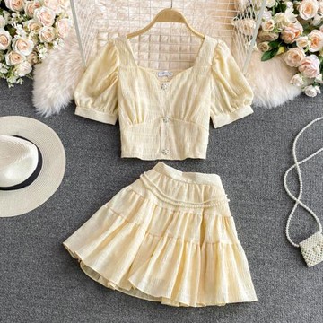 高腰蓬蓬裙蛋糕裙A字半身裙短裙子兩件套裝高腰短款泡泡袖上衣夏
