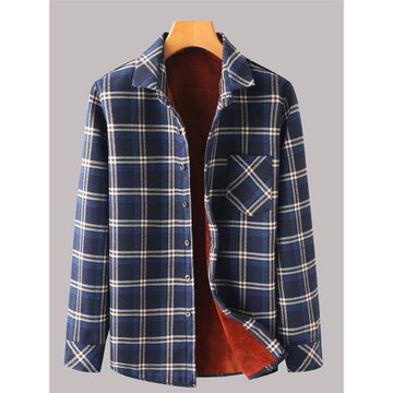 中年純棉格子襯衫男中老年人長袖加絨加厚上衣爸爸裝寬松保暖襯衣