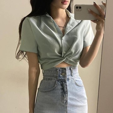 SY短袖上衣韓國chic夏季法式小眾設計感上衣翻領襯衫高腰扭結顯瘦露臍短版襯衫女