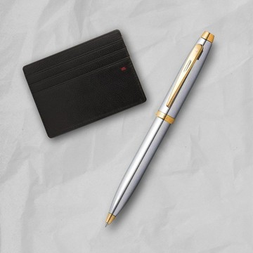 【SHEAFFER】100系列亮鉻金原子筆+經典卡夾禮盒 免費刻字