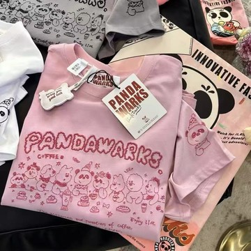 🌷臺灣出貨🌷夏季新款 重工刺繡 熊貓 圓領ins短袖 T恤女 寬鬆百搭 休閒上衣 韓係短袖 寬鬆短袖 短袖 短袖上衣