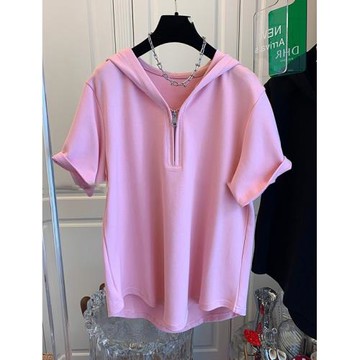 時尚氣質短袖洋氣百搭拉鏈連帽t恤夏季薄款打底衫外穿純色上衣女