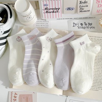 紫色春夏襪子女純棉短襪可愛日系低幫淺口甜美卡通條紋運動船襪女