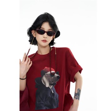 吳童童印花小狗圓領短袖T恤女夏季韓系慵懶風高級感寬松半袖上衣