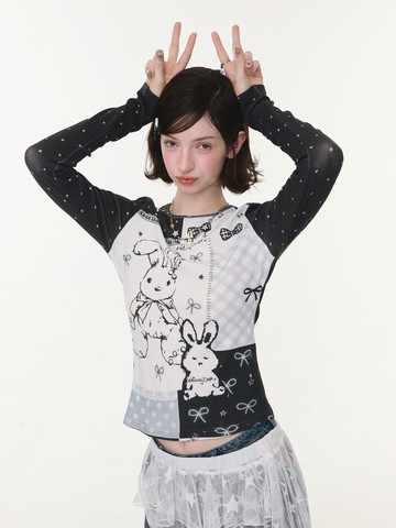 ziziFei''拽萌兔繪''春秋季黑白撞色上衣蝴蝶結兔子印花長袖t恤女