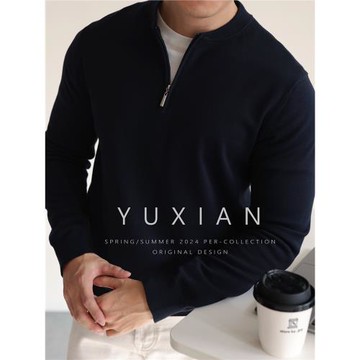 YUXIAN美式長絨棉半拉鏈亨利領純棉針織長袖毛衣休閑商務男士春秋