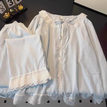 簡約春秋款睡衣女長袖套裝2024新甜美清純可外穿蕾絲公主風家居服