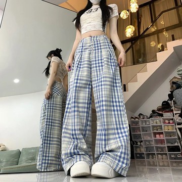 休閒褲 直筒褲 高腰褲 長褲 春秋夏新款美式JK復古格子休閒褲高腰顯瘦BF寬鬆直筒工裝闊腿褲女