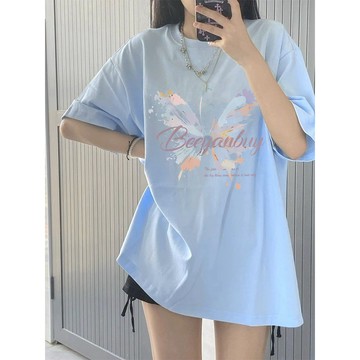 台灣现貨100%純棉短袖 夏季短袖 蝴蝶印花T恤女 正韓上衣 短袖T恤 寬鬆顯瘦 韓版上衣 遮肚上衣 短袖上衣 女生衣服