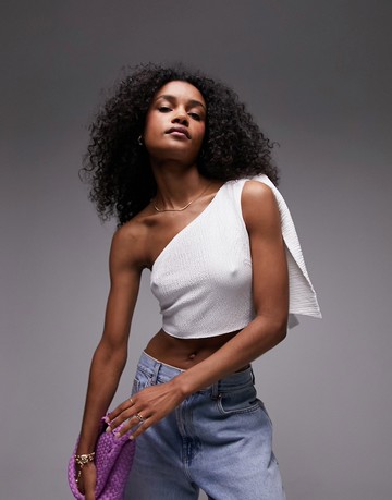 Topshop textured one shoulder top in ivory-White