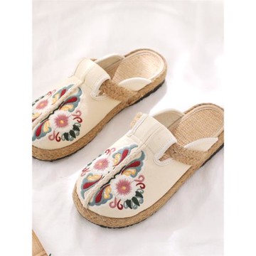 新款春夏老北京布鞋包頭居家棉麻拖鞋室外民族風平底刺繡花女拖鞋