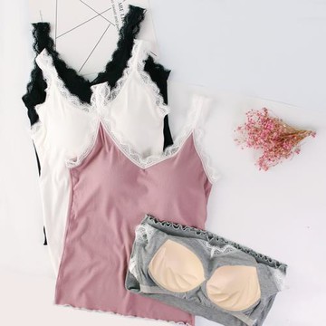 無鋼圈帶胸墊一體V領蕾絲吊帶女莫代爾手感薄款背心單層修身打底