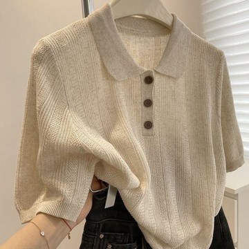 夏季高級感氣質翻領正肩冰絲麻針織衫 特價 高級感polo領冰麻短袖t恤女夏季顯瘦百搭休閒針織冰絲上衣女 V164