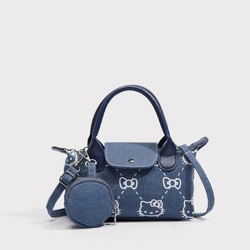 春季可愛牛仔印花KT貓手提包女2025新款時尚單肩斜挎包迷妳餃子包鑫弘-素時衣櫥