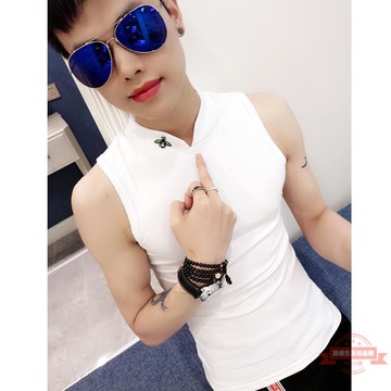 社會精神小夥無袖背心男外穿潮流純棉打底無袖個性蝴蝶刺繡T恤【滿199發貨】