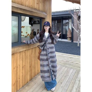 大碼寬松顯瘦撞色條紋女胖MM秋冬連帽針織衫外套氣質長款開衫毛衣